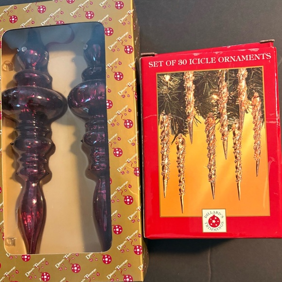 Two 9" Glass Ornaments And Set Of 30 Icicle Ornaments Dillard's Trimmings - Picture 1 of 3